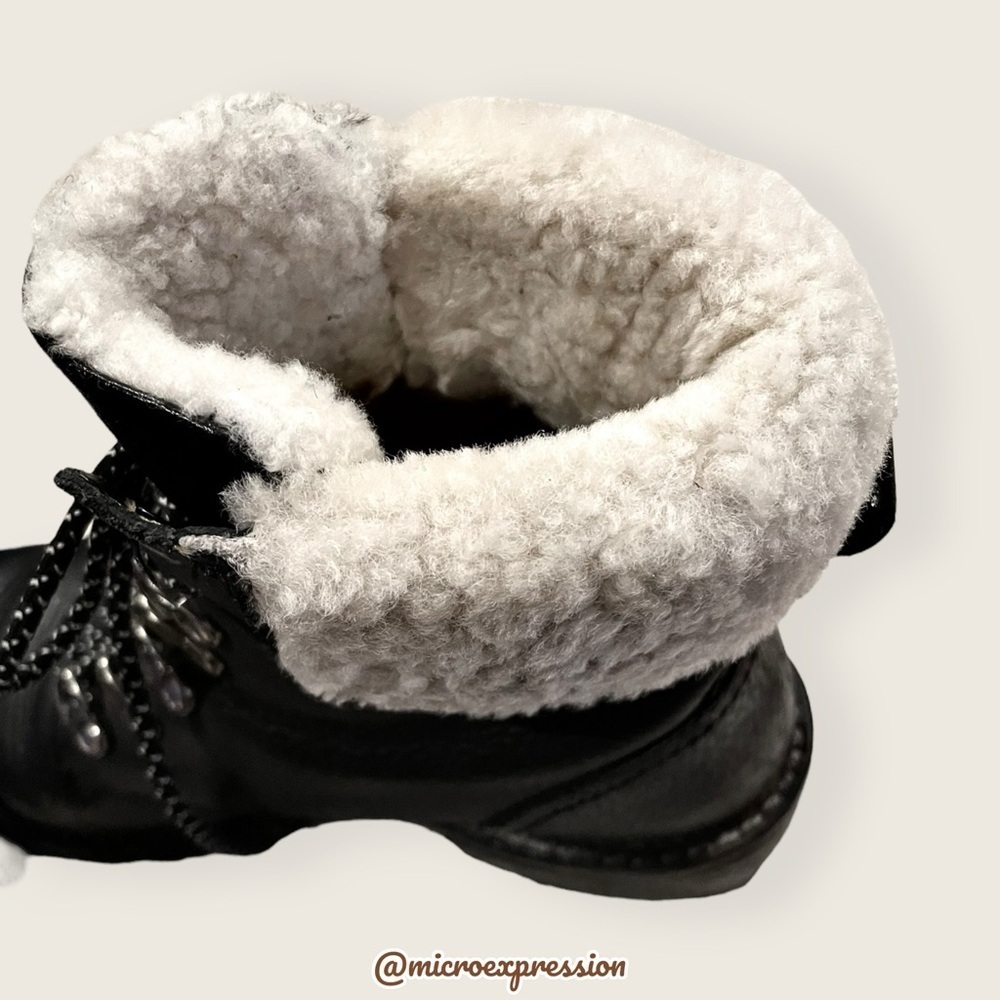 $399 Frye Samantha Black Real Leather Lace Up Shearling Fur Hiking Ankle Boot - Picture 14 of 16